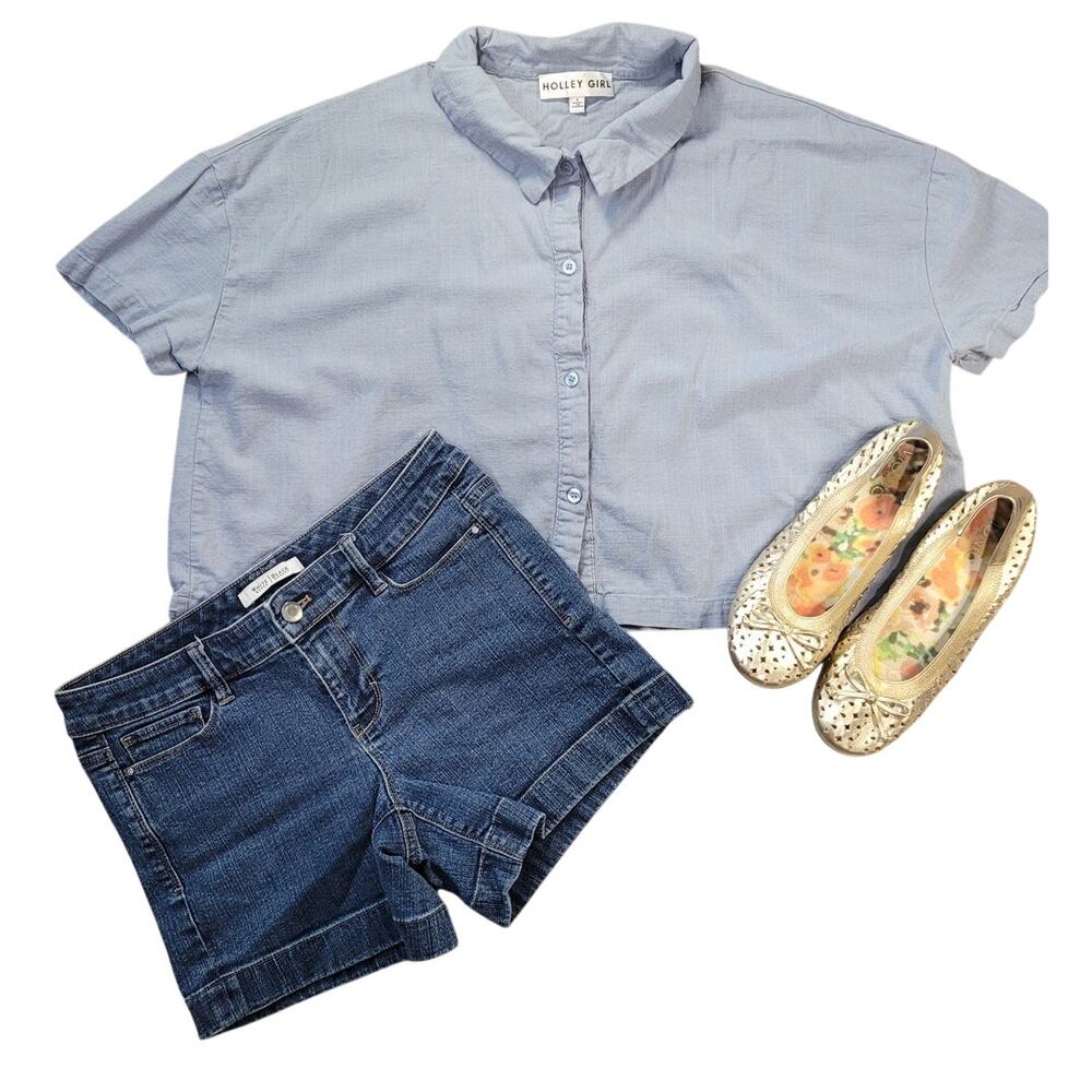 Holley Girl Gabbie Linen Crop Top L Coastal Boho Oversized Button Up